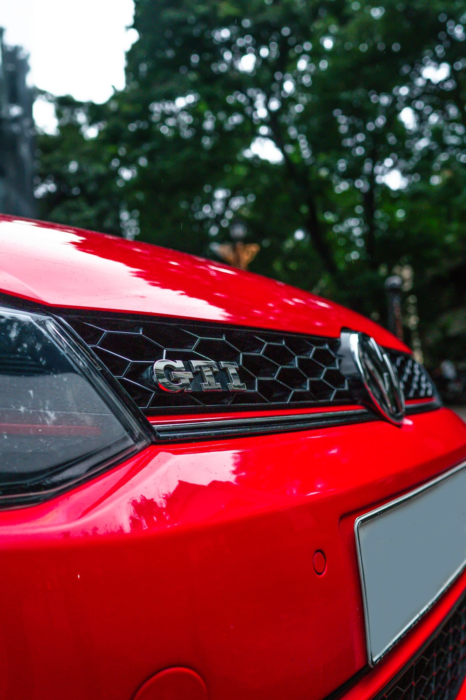 Honeycomb grille and badge of a red Volkswagen Polo GT